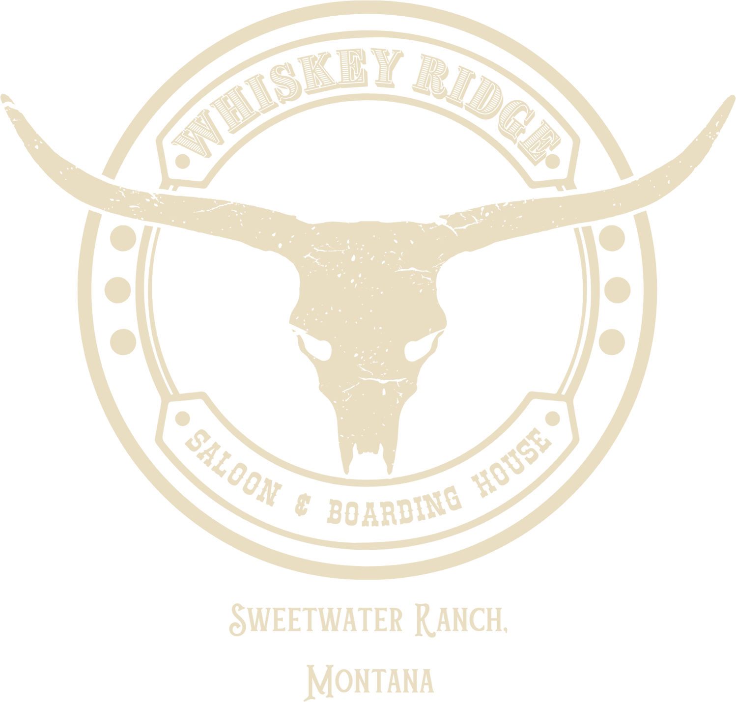 The Whiskey Ridge Saloon & Boarding House stamp — a longhorn skull within a horseshoe, Sweetwater Ranch, Montana
