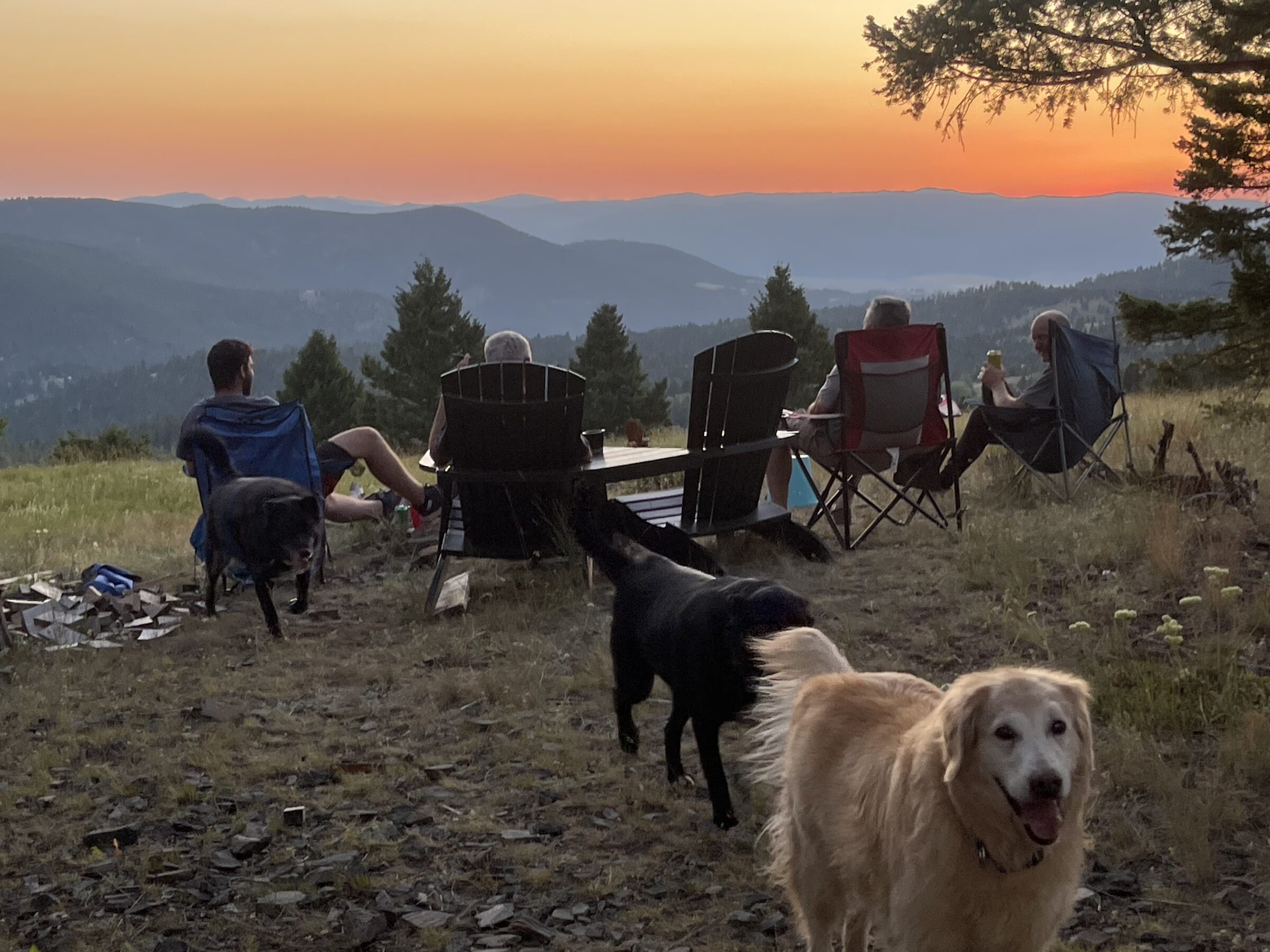 Friends and dogs gathered in camp chairs around the fire at Sweetwater Ranch as the sky turns to embers at sunset